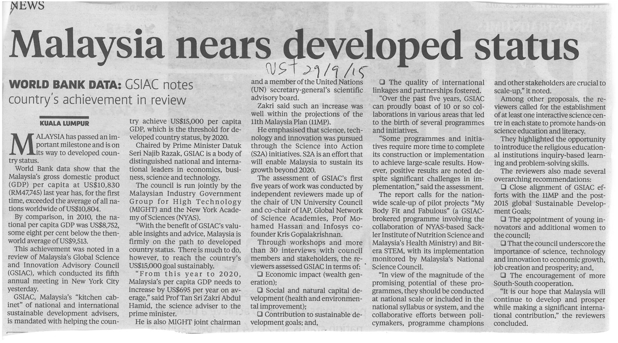 Malaysia nears developed status