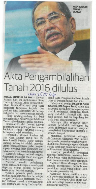 Akta Pengambilalihan Tanah 2016 dilulus