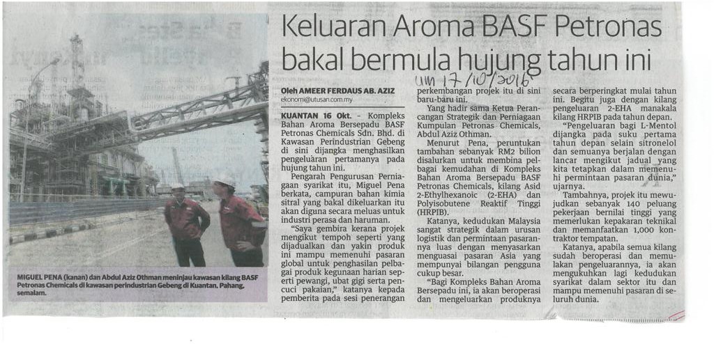 Keluaran Aroma BASF Petronas bakal bermula hujung tahun ini