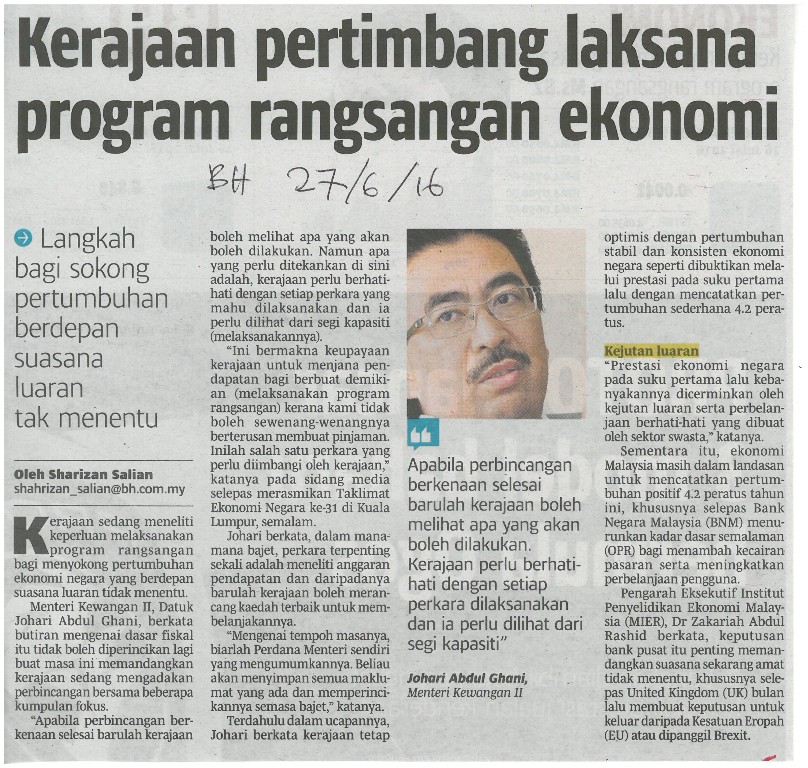 Kerajaan pertimbang laksanan program rangsangan ekonomi