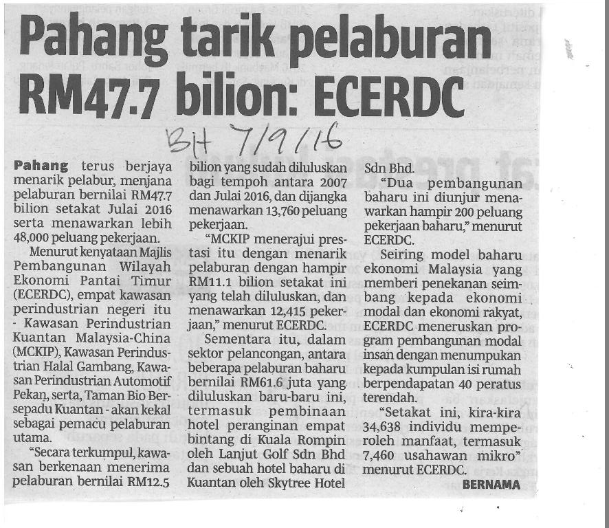 Pahang tarik pelaburan RM47.7 bilion ECERDC