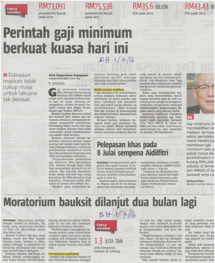 Perintah gaji minimum berkuat kuasa hari ini Motarium bauksit dilanjut dua bulan lagi