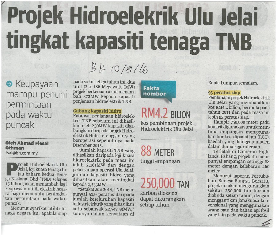 Projek Hidroelektrik Ulu Jelai tingkat kapasiti tenaga TNB