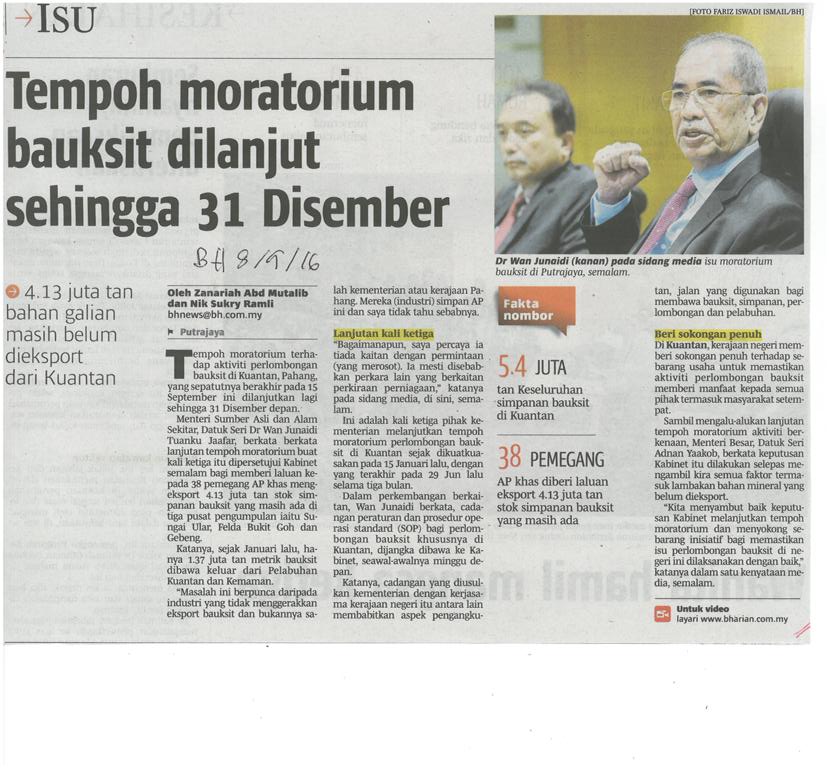 Tempoh moratorium bauksit dilanjut sehingga 31 Disember