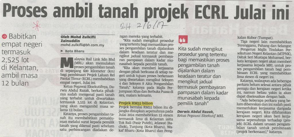 Proses ambil tanah projek ECRL Julai ini