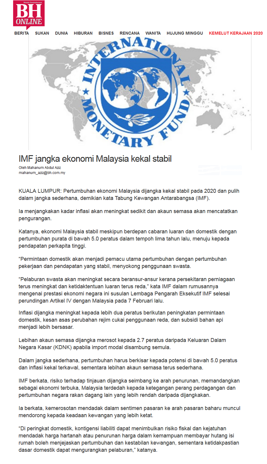 imf jangka ekonomi malaysia kekal stabil