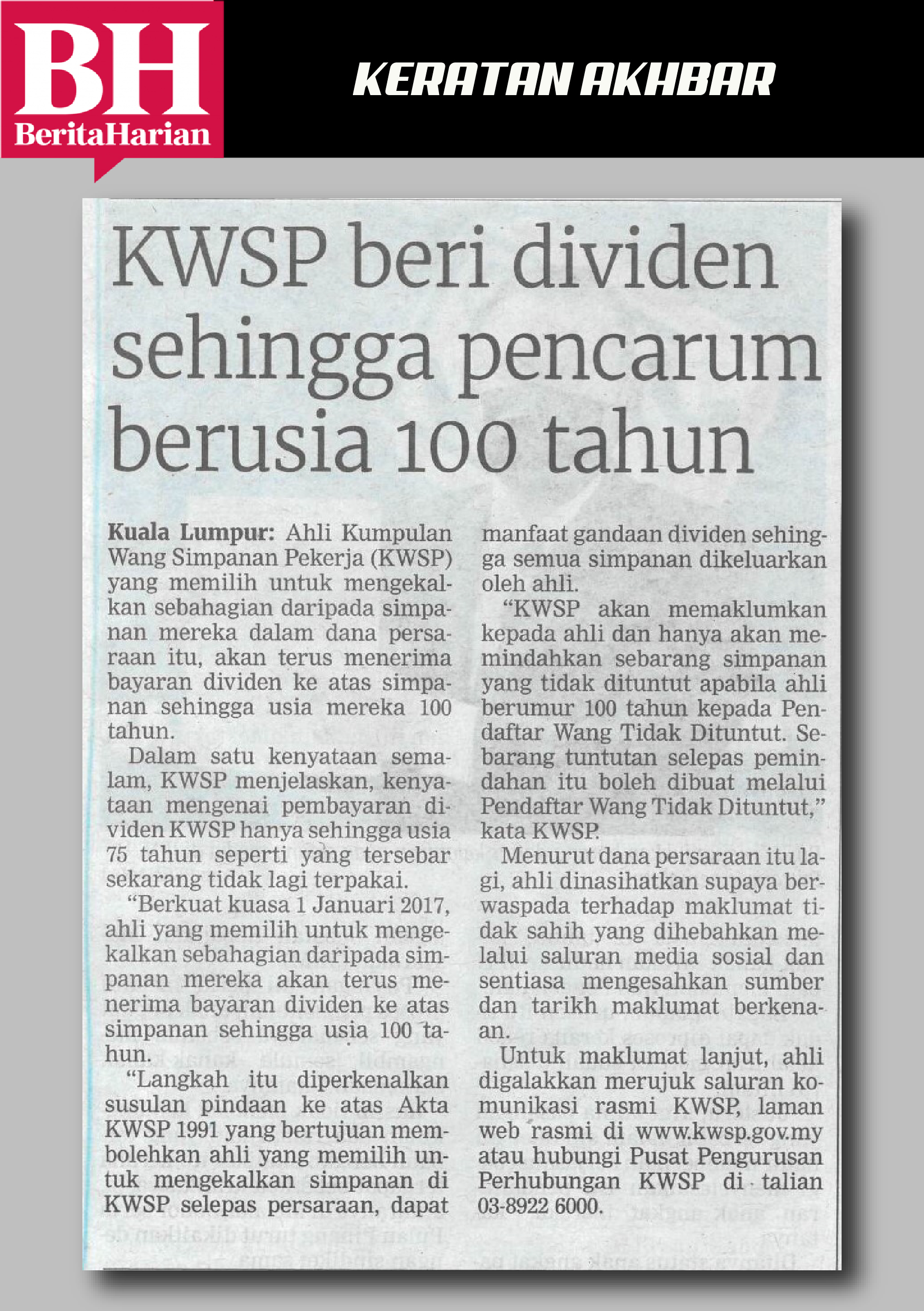 kwsp beri dividen sehingga pencarum berusia 100 tahun