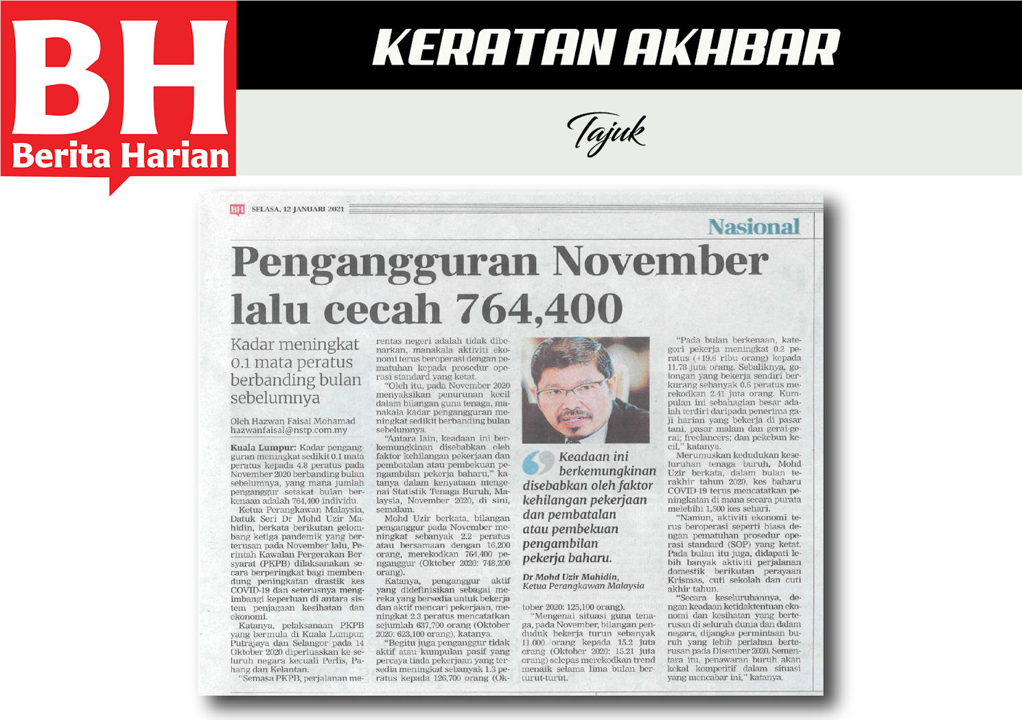 pengangguran november lalu cecah 764400