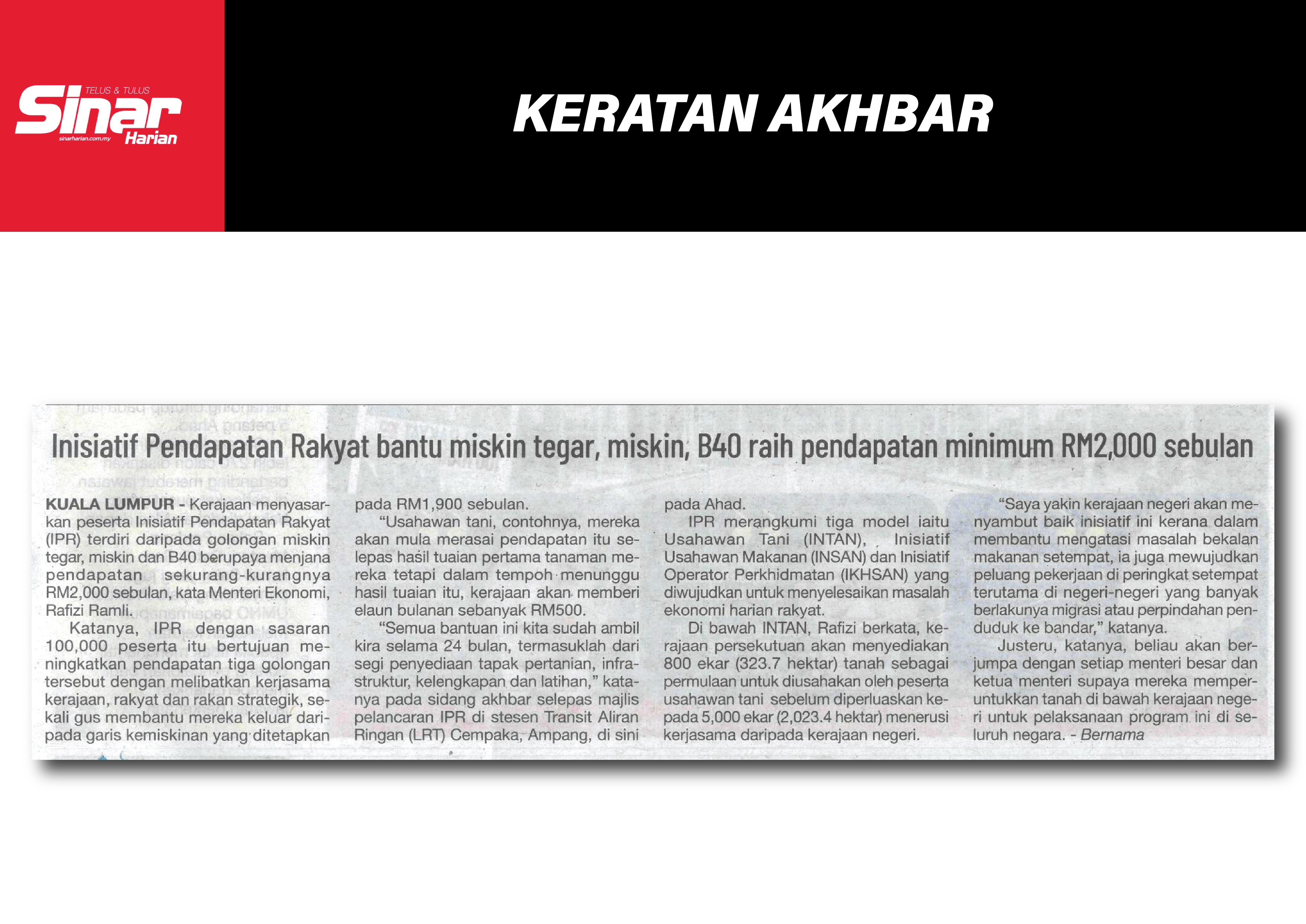 inisiatif pendapatan rakyat bantu miskin tegar miskin B40 raih pendapatan minimum RM2000 sebulan