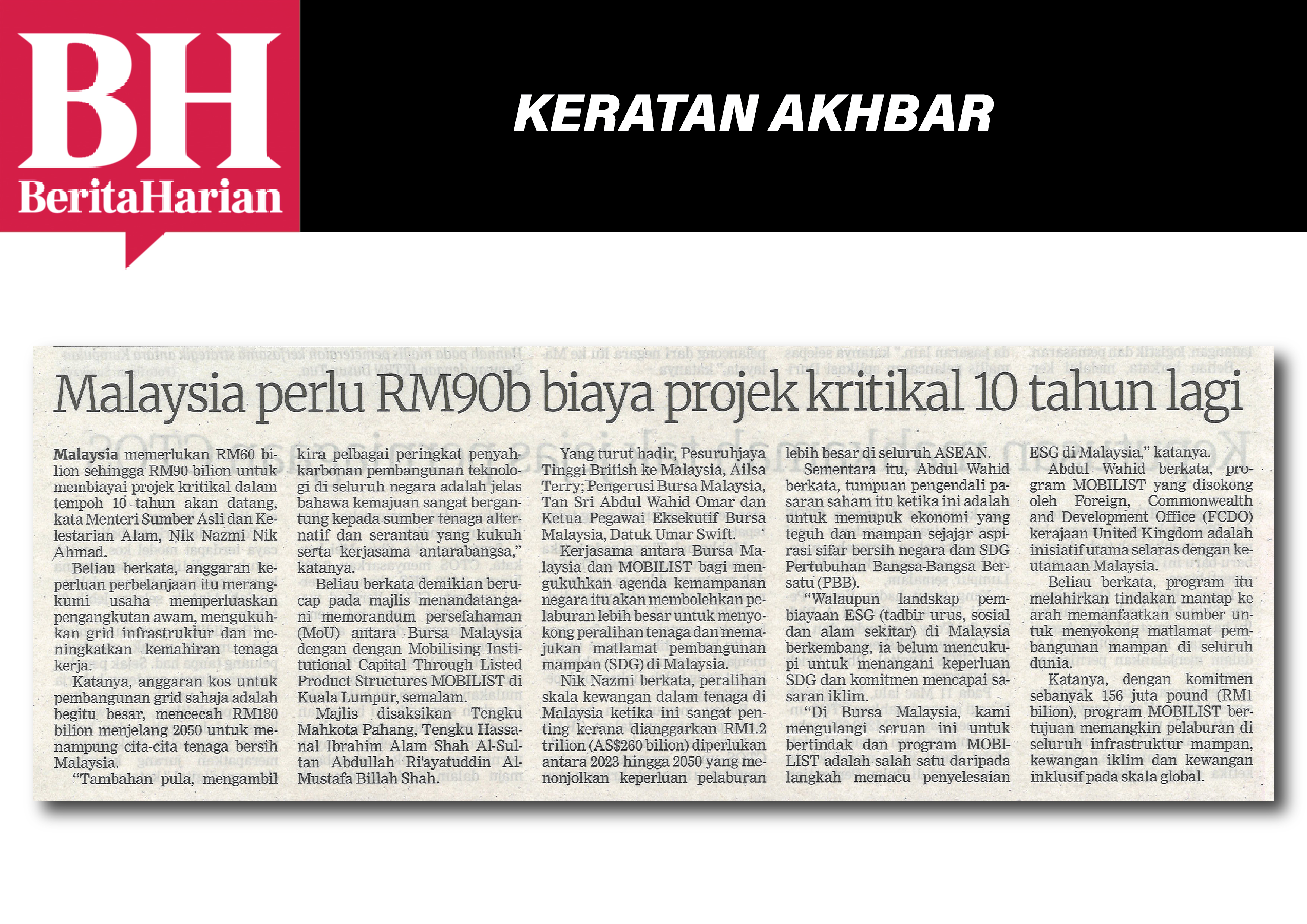 BH MALAYSIA PERLU RM90B BIAYA PROJEK KRITIKAL 10 TAHUN LAGI