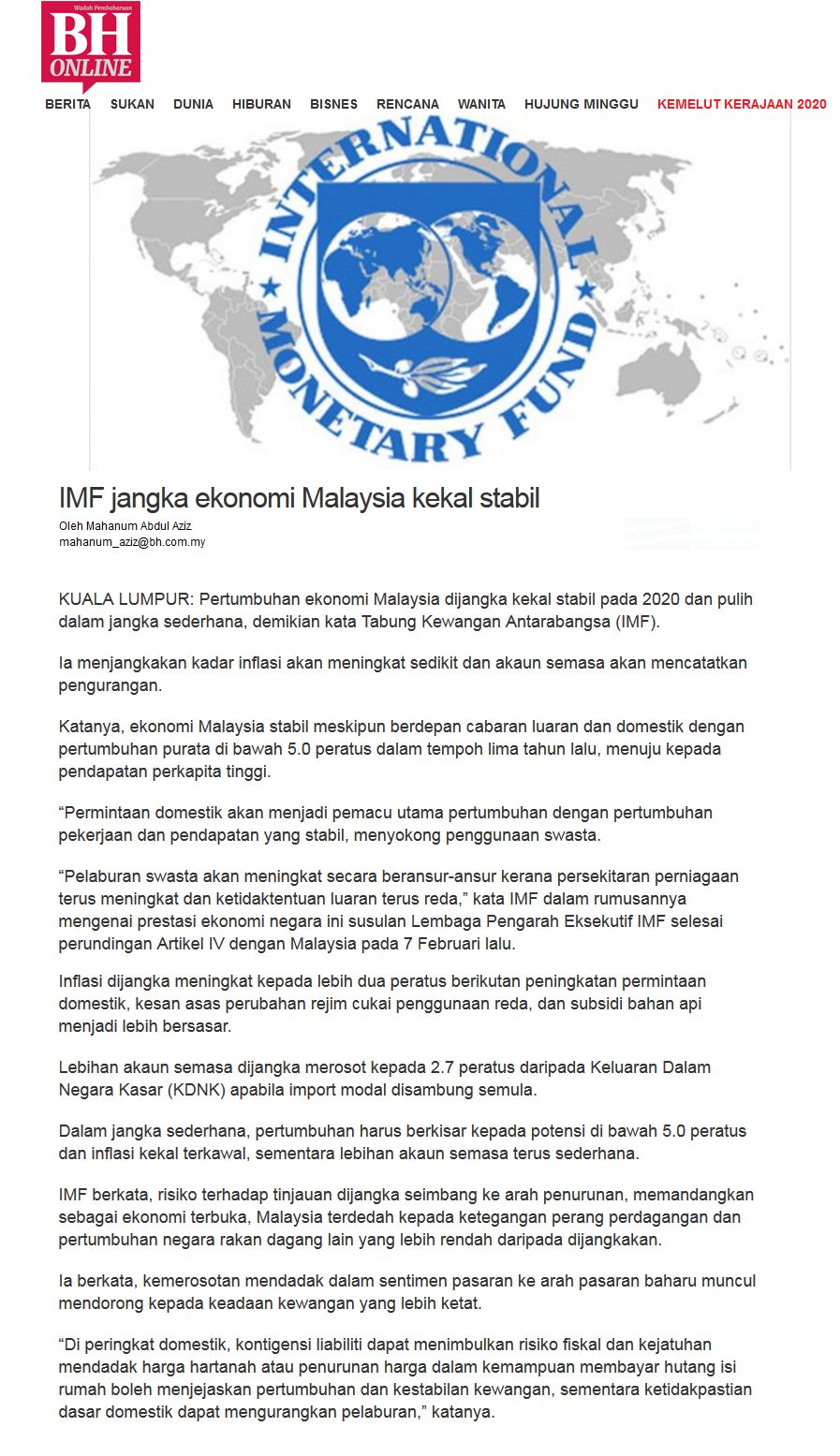 IMF jangka ekonomi Malaysia kekal stabil